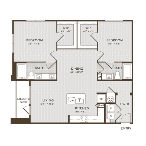 Floor plan for 2 beds, 2 baths, 1227 sqft